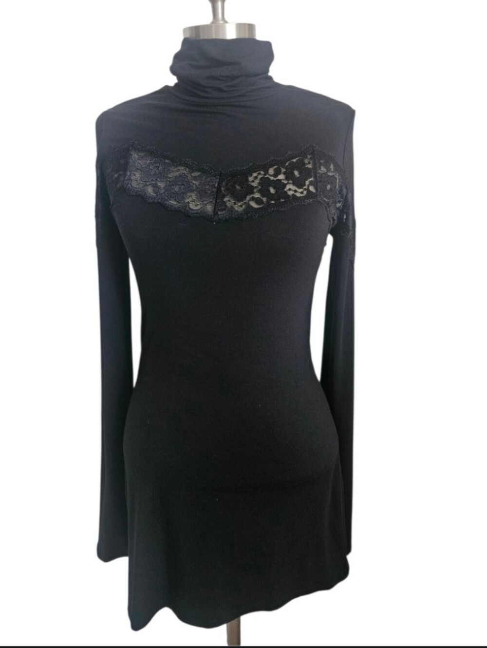 FREE PEOPLE Black Turtleneck Lace Yoke Long Sleeve Mini Dress Tunic | SZ M